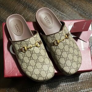 Gucci Beige and Brown Mules with Iconic Monogram